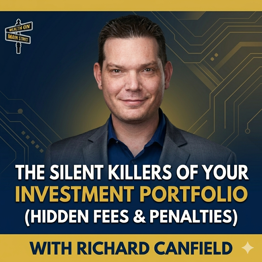 Podcast cover featuring a man in a dark suit, title reads 'The Silent Killers of Your Investment Portfolio (Hidden Fees & Penalties)' with Richard Canfield, bold blue‑gold design.