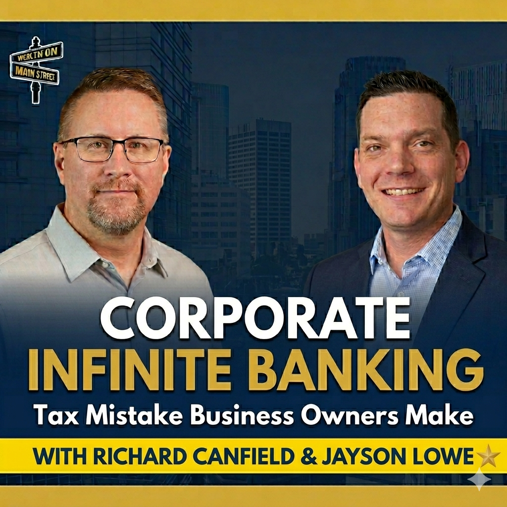 Two men in business attire against a city backdrop; bold title 'Corporate Infinite Banking' with subtitle 'Tax Mistake Business Owners Make' and a yellow hosts banner.