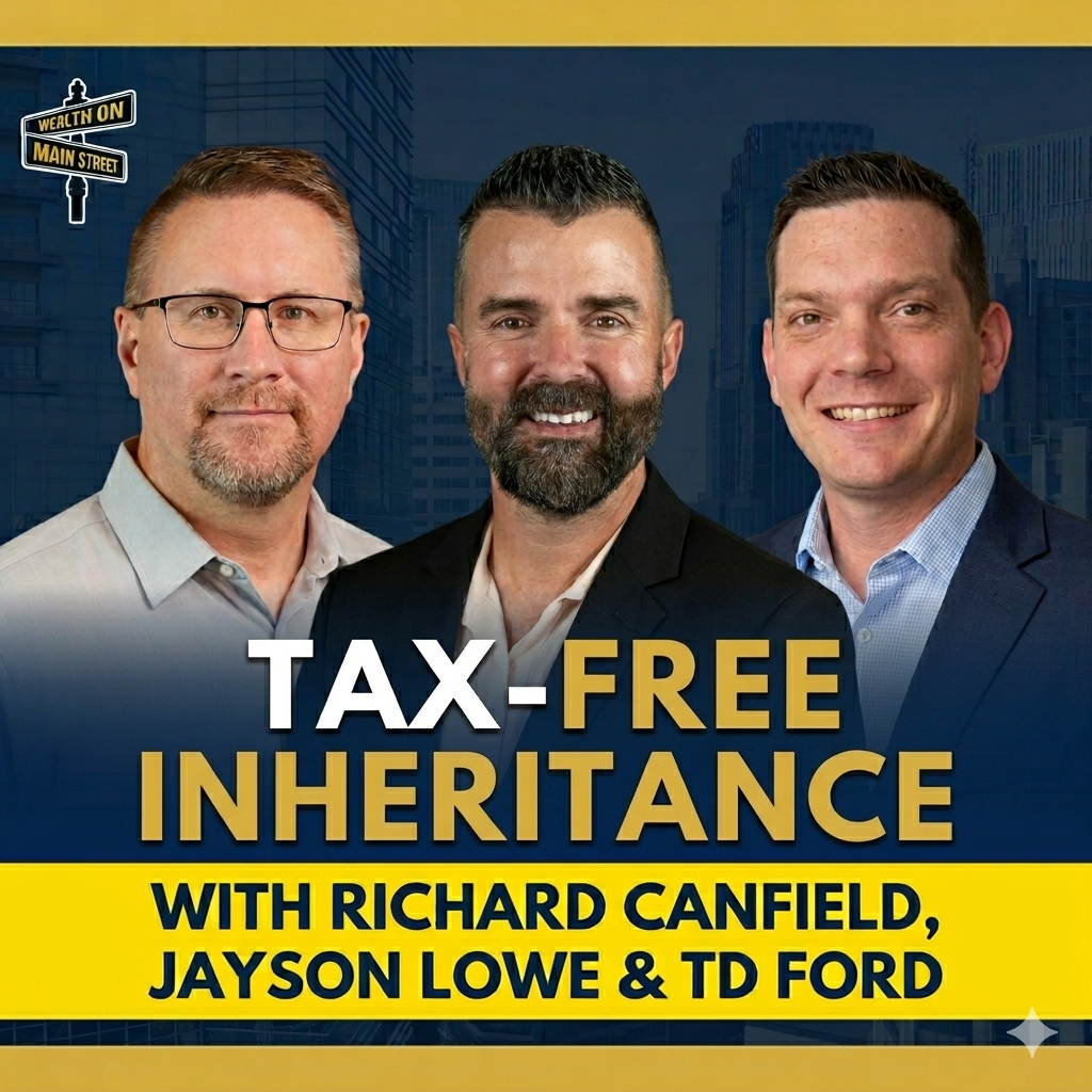 Promo poster with three men in business attire, advertising 'Tax-Free Inheritance' featuring Richard Canfield, Jayson Lowe, and TD Ford against a city backdrop.