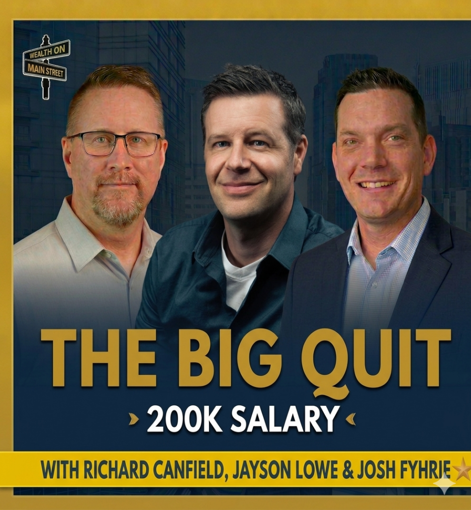 Promotional poster with three men in business attire against a dark city backdrop; bold gold text reads 'THE BIG QUIT' and white '200K SALARY'; yellow banner at bottom lists Richard Canfield, Jayson Lowe & Josh Fyhrie, and a street sign in the top-left reads 'Wealth on Main Street'.