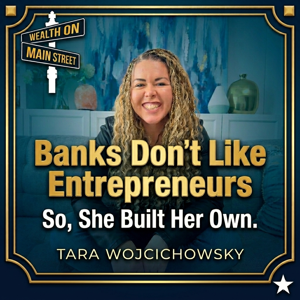 Podcast cover showing a smiling woman with curly hair; bold gold title 'Banks Don’t Like Entrepreneurs' and white subtitle 'So, She Built Her Own' by Tara Wojcichowsky, framed in blue/gold border with a 'Wealth On Main Street' sign in the corner.