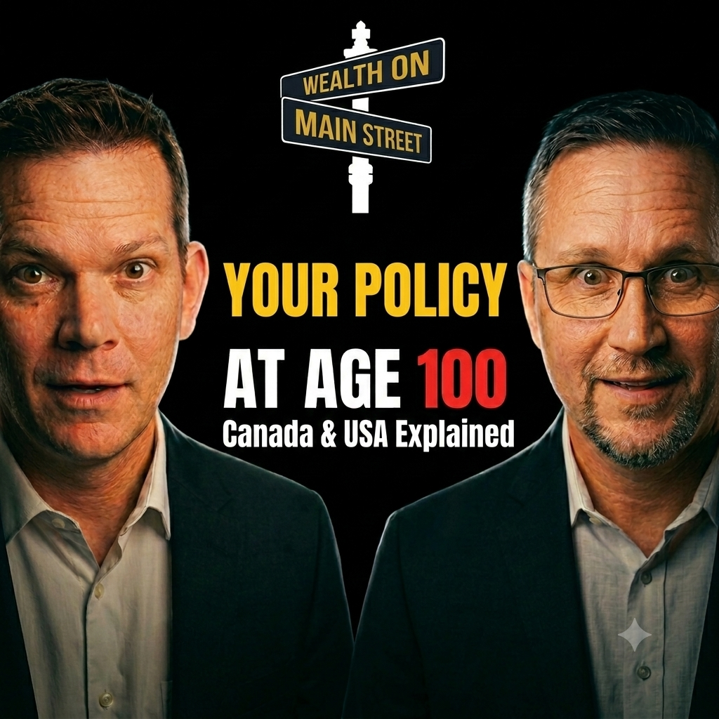 Two men in suits flank a street-sign graphic reading Wealth on Main Street, with bold text: Your Policy at Age 100 — Canada & USA Explained.