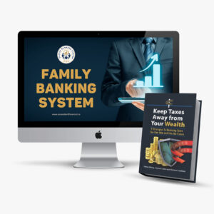 Monitor displays a 'Family Banking System' promotional graphic with a rising chart and a tax-themed book leaning against the screen.