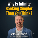 Portrait of a man in a blue blazer on a podcast cover, with large white and yellow title text: 'Why Is Infinite Banking Simpler Than You Think?'