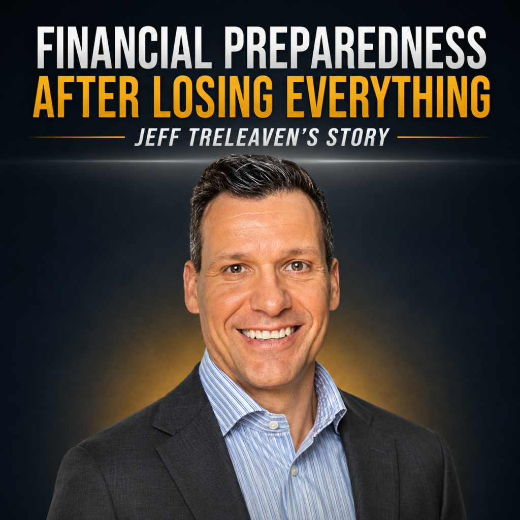 Promotional cover with a smiling man in a suit; large title 'Financial Preparedness After Losing Everything' above him.