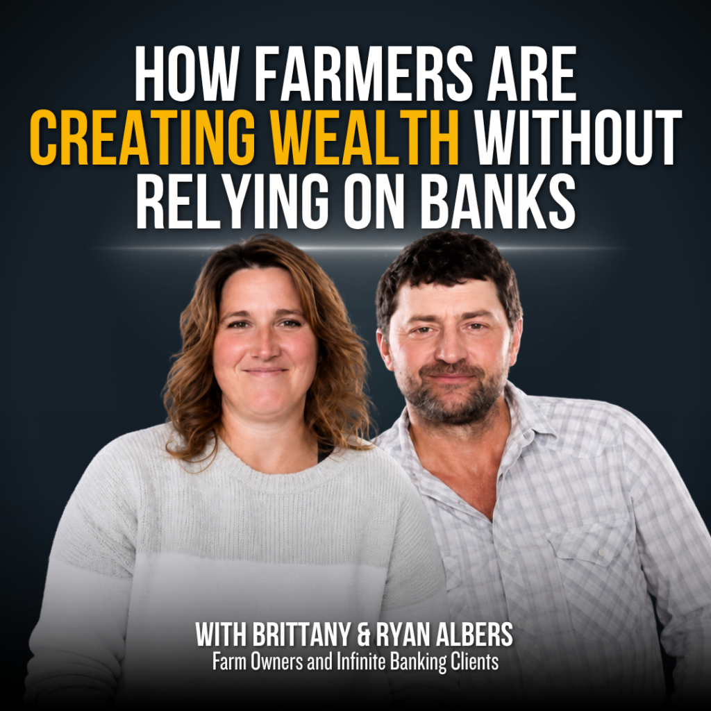 Podcast cover: title 'HOW FARMERS ARE CREATING WEALTH WITHOUT RELYING ON BANKS' with a smiling man and woman against a dark gradient background.