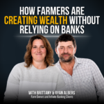 Podcast cover: title 'HOW FARMERS ARE CREATING WEALTH WITHOUT RELYING ON BANKS' with a smiling man and woman against a dark gradient background.