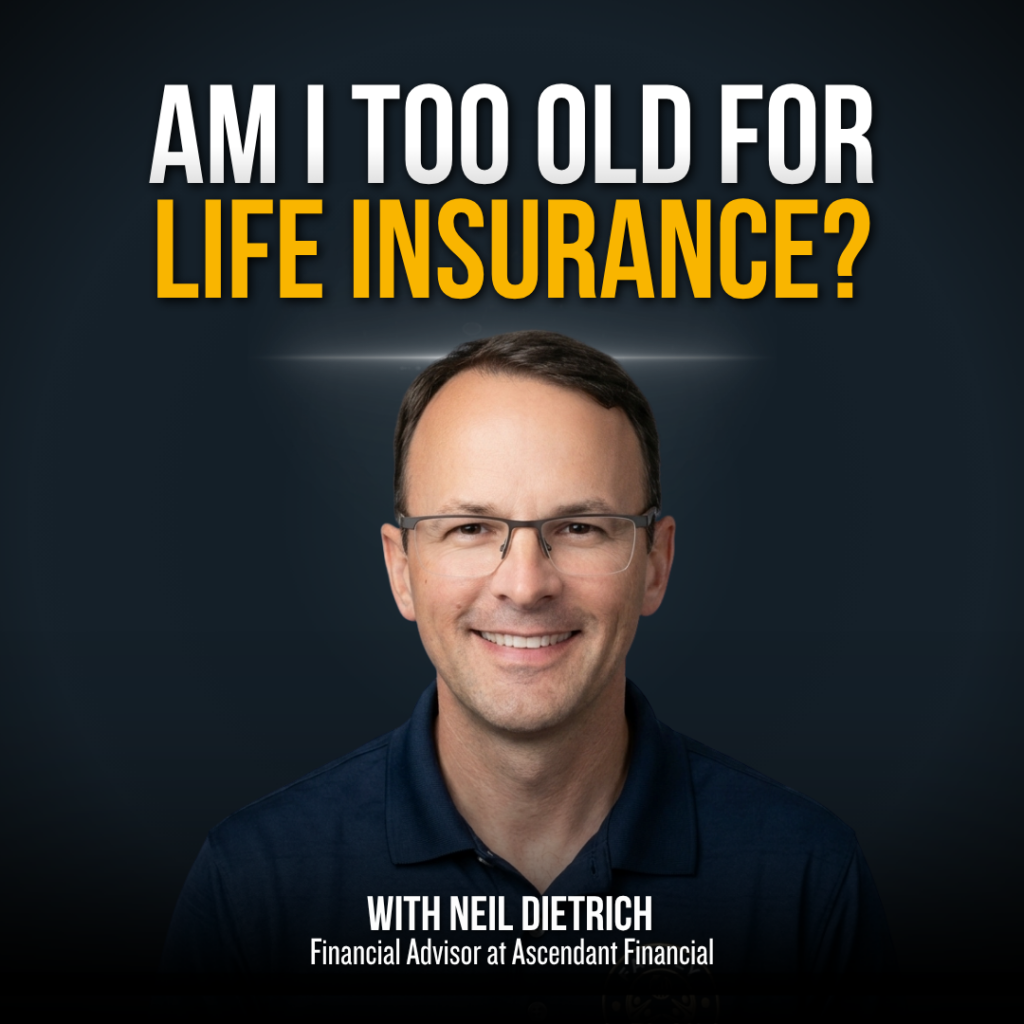 Promo image asking 'Am I too old for life insurance?' with a smiling man in glasses against a dark background.