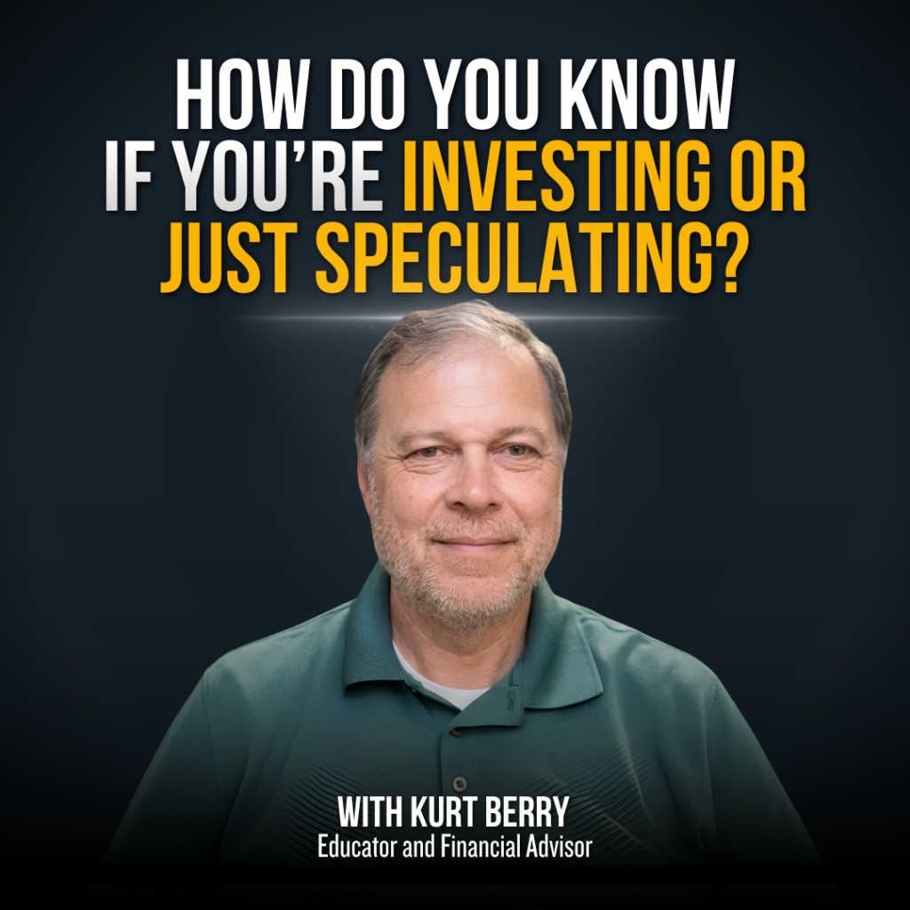 Podcast cover: bold title asks 'How do you know if you’re investing or just speculating?' with a smiling man in a teal polo shirt in the foreground.