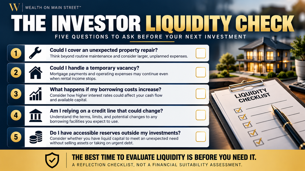 Investor Liquidity Checklist Infographic – Wealth On Main Street Banner for The Investor Liquidity Check: a five-item property investment checklist with icons and a right-side Liquidity Checklist clipboard.
