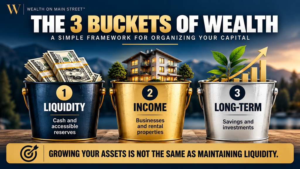 Three Buckets of Wealth – Wealth On Main Street Wealth banner showing three buckets: 1 Liquidity with cash, 2 Income with a house, 3 Long-Term with a rising chart; bottom text warns assets aren’t equivalent to liquidity.