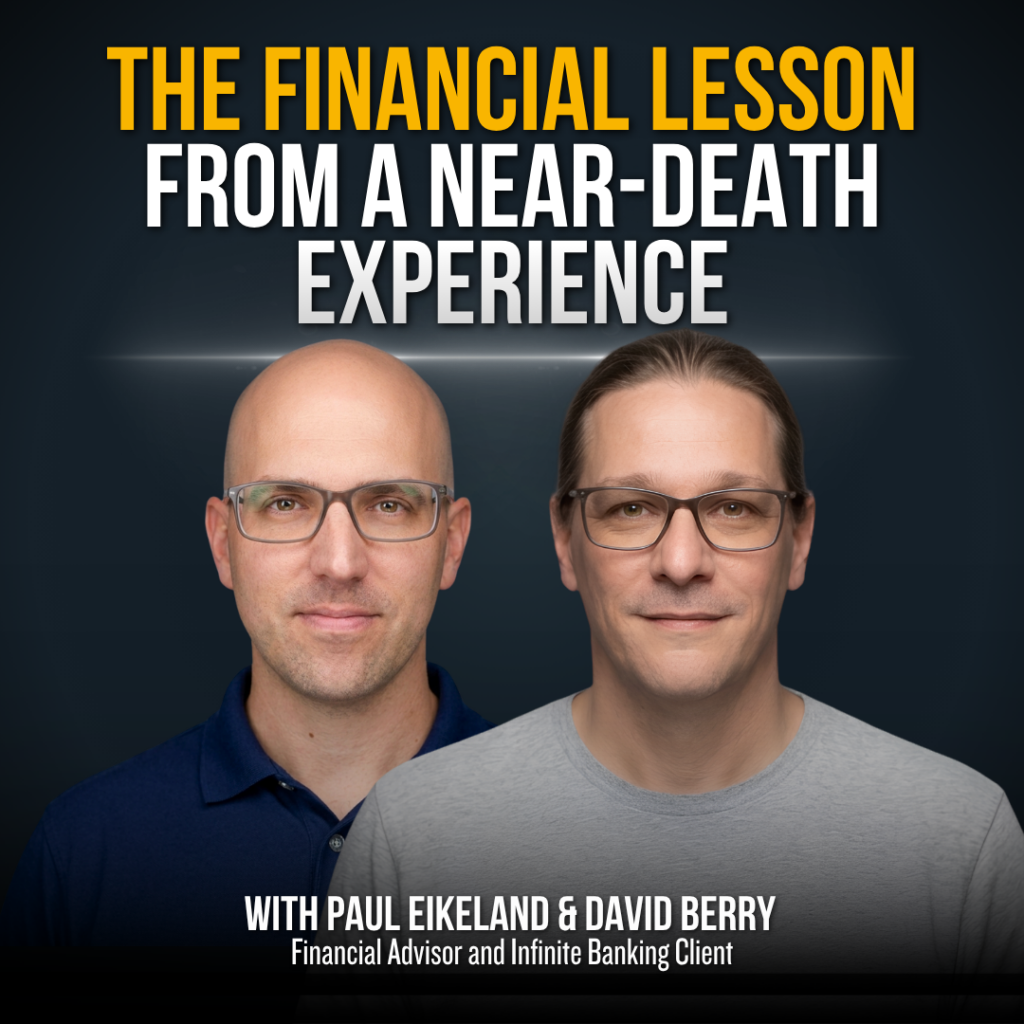 Podcast cover with two men wearing glasses on a dark gradient background; bold title reads 'The Financial Lesson From a Near-Death Experience' and lists hosts Paul Eikeland and David Berry.